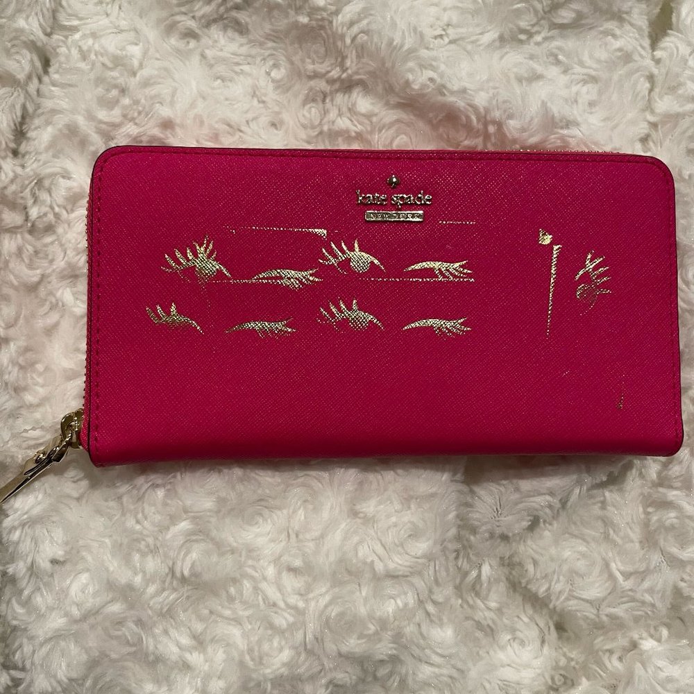 NEW Kate Spade Hot Pink Lacey Leather Wallet Gold Winking Eyes (Misprint) $228